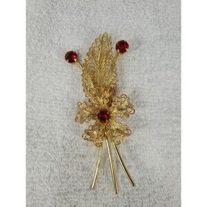 Vintage Gold Filigree Flower Pin Brooch Red Faux Ruby Stones Beautiful 3.5"